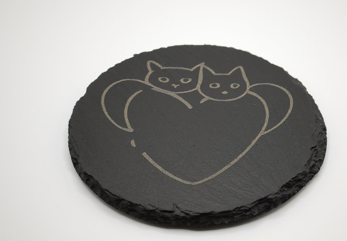 Engraved Slate Coaster – Two Cats in Heart Design | Rustic Stone Drink Coaster for Cat Lovers