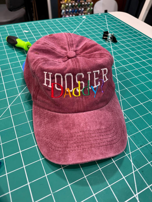 Grey cap with "Hoosier Daddy" on it, Daddy in rainbow colors.