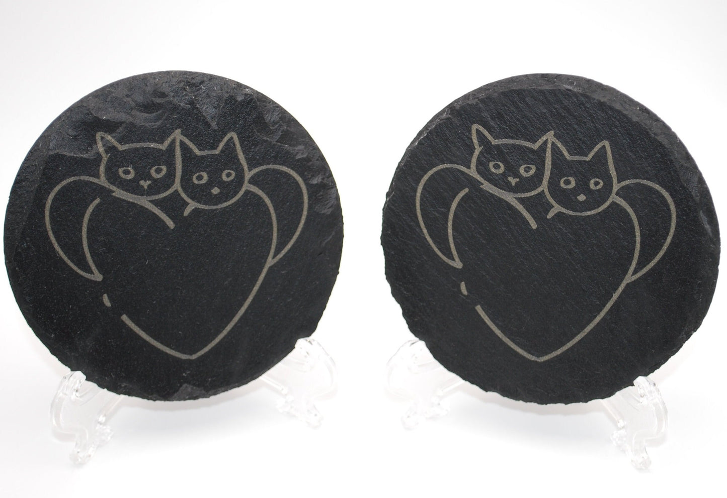 Engraved Slate Coaster – Two Cats in Heart Design | Rustic Stone Drink Coaster for Cat Lovers