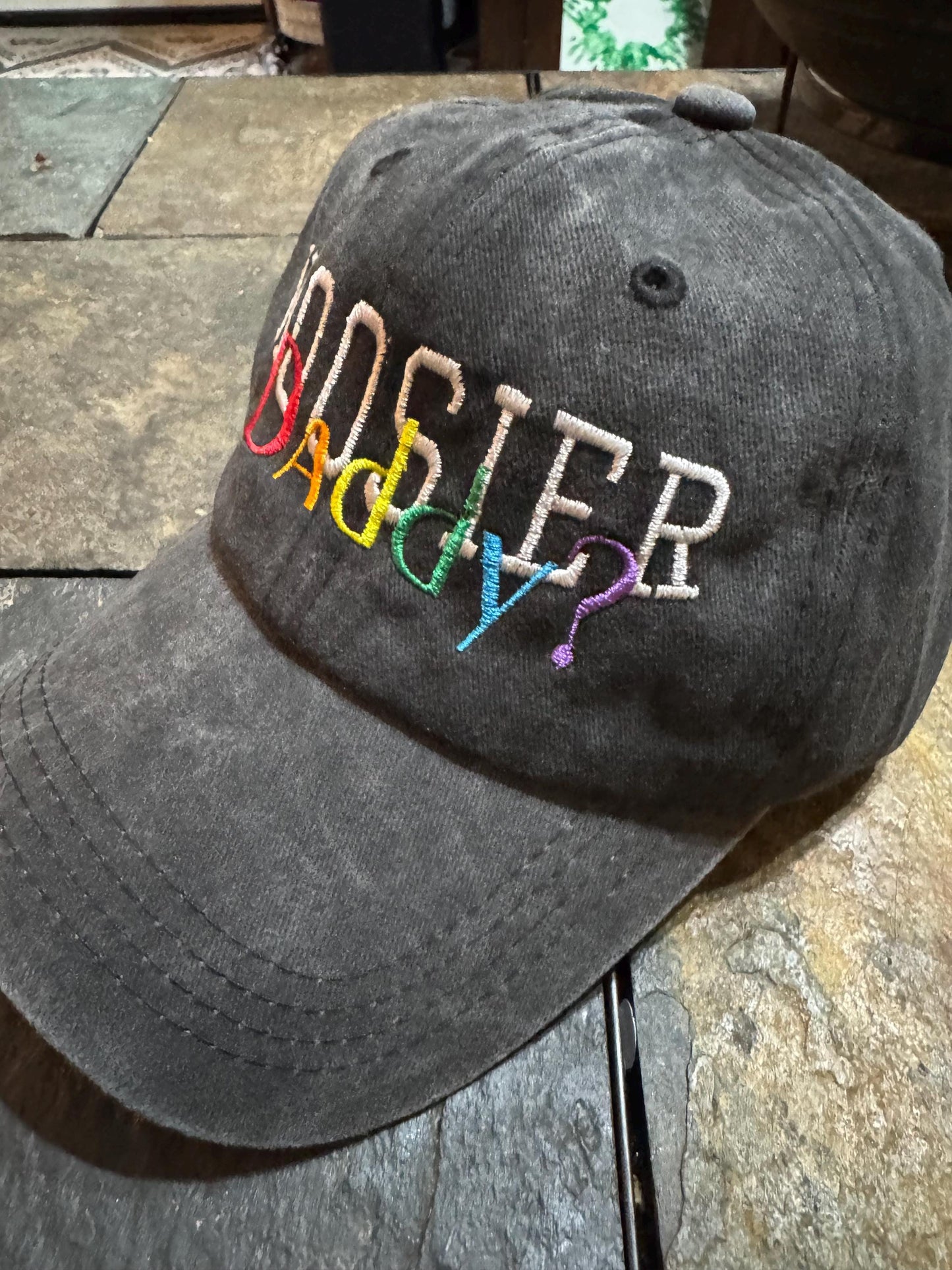 Hoosier Daddy? Embroidered Dad Hat – Indiana Pride Cap with Rainbow Stitching