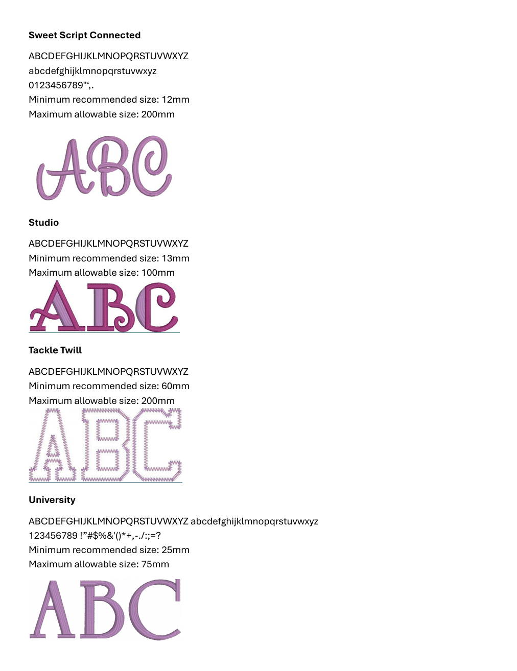 Font samples for embroidery projects.