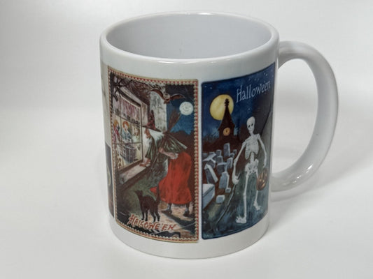 White mug with Halloween-themed design on a white background