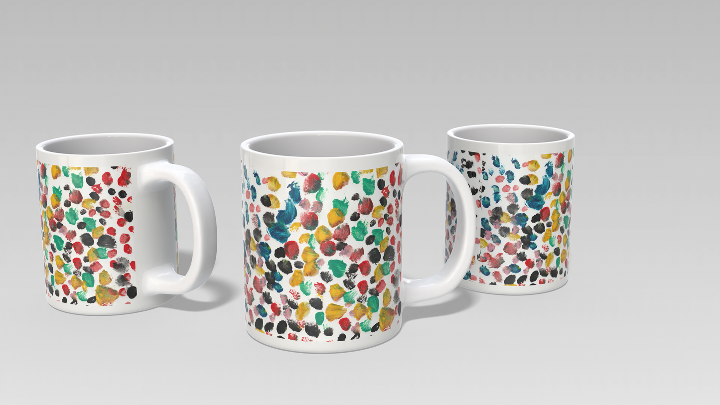 “Thoughtful Dots”– Artsy Fartsy Mug, 11oz White Ceramic Coffee Cup, Artwork by Peyton, Age 7
