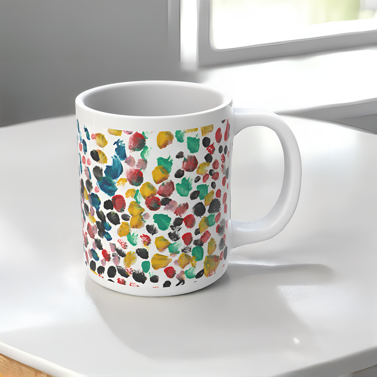 “Thoughtful Dots”– Artsy Fartsy Mug, 11oz White Ceramic Coffee Cup, Artwork by Peyton, Age 7