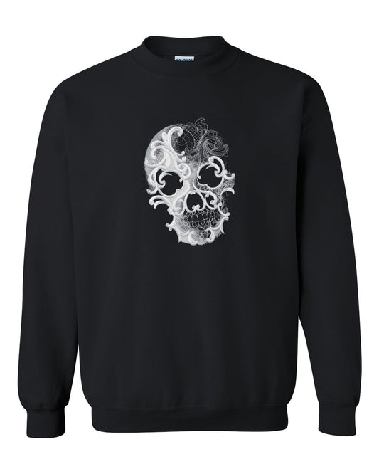 Black Bramble & Bone crewneck sweatshirt with white Ghost Baroque Skull lace embroidery on the chest