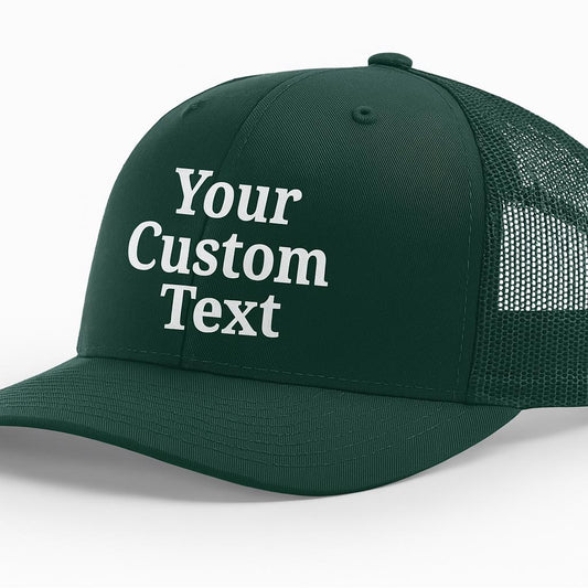 Richardson green cap with 'Your Custom Text' printed on it against a white background