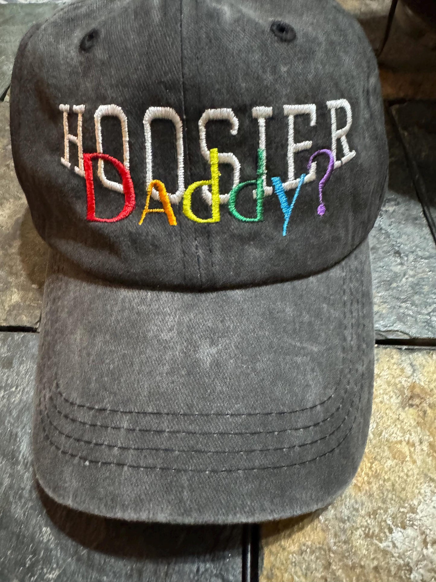 Hoosier Daddy? Embroidered Dad Hat – Indiana Pride Cap with Rainbow Stitching