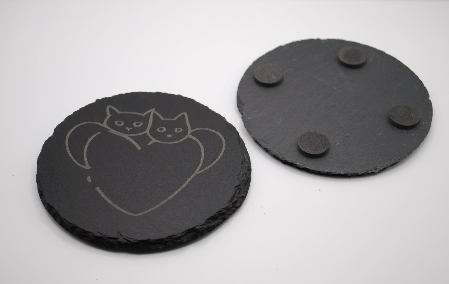 Engraved Slate Coaster – Two Cats in Heart Design | Rustic Stone Drink Coaster for Cat Lovers