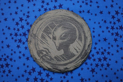Alien Slate Coasters – Set of 2 Round Engraved Stone Drink Coasters