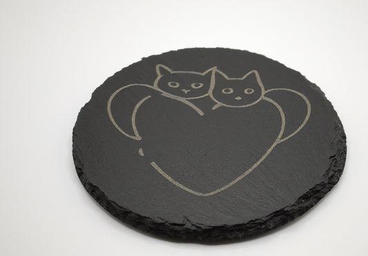 Engraved Slate Coaster – Two Cats in Heart Design | Rustic Stone Drink Coaster for Cat Lovers