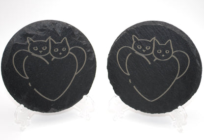 Engraved Slate Coaster – Two Cats in Heart Design | Rustic Stone Drink Coaster for Cat Lovers