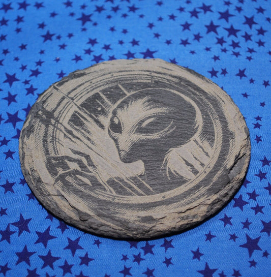 Alien Slate Coasters – Set of 2 Round Engraved Stone Drink Coasters