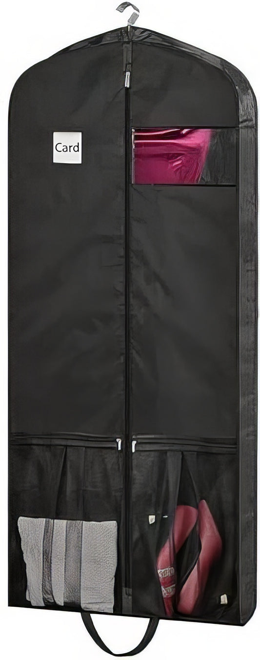 Black garment bag with pink interior, gray lining, and shoe compartment.