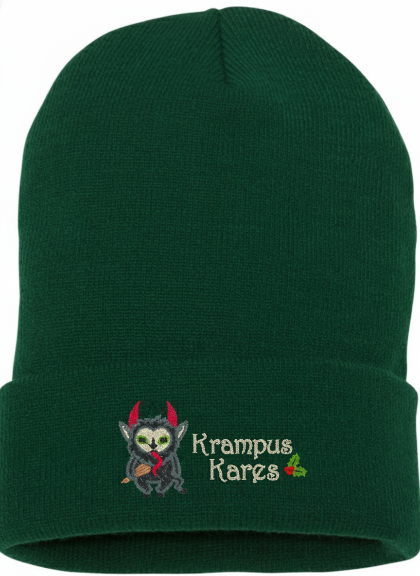 Green beanie with Krampus Kares embroidery on a white background