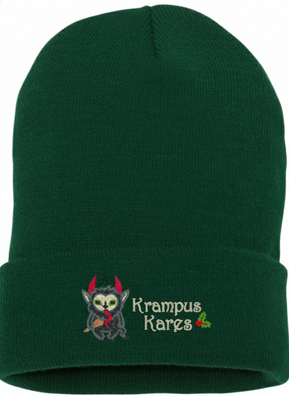Green beanie with Krampus Kares embroidery on a white background