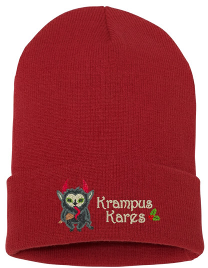 Red beanie with Krampus Kares embroidery on a white background
