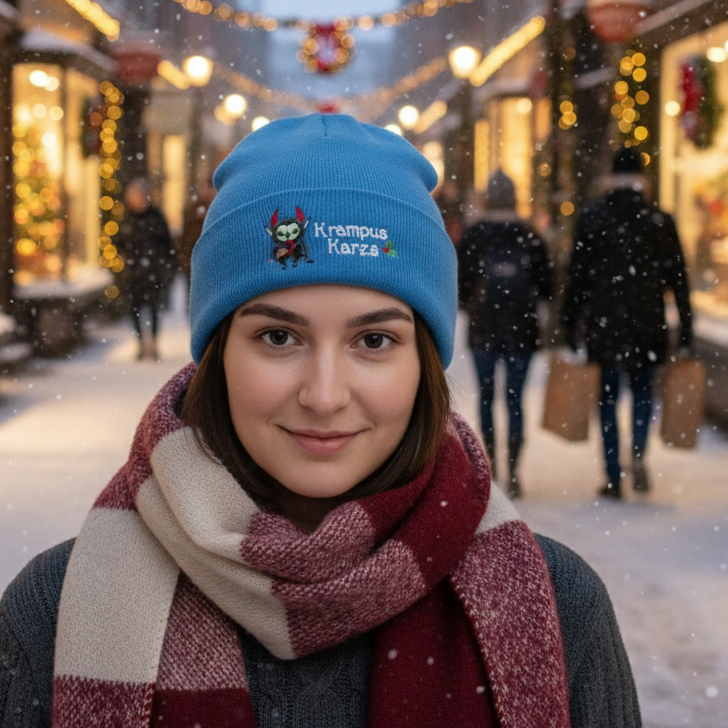 Person wearing a blue beanie with a Krampus design, outdoors.