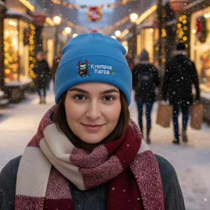 Person wearing a blue beanie with a Krampus design, outdoors.