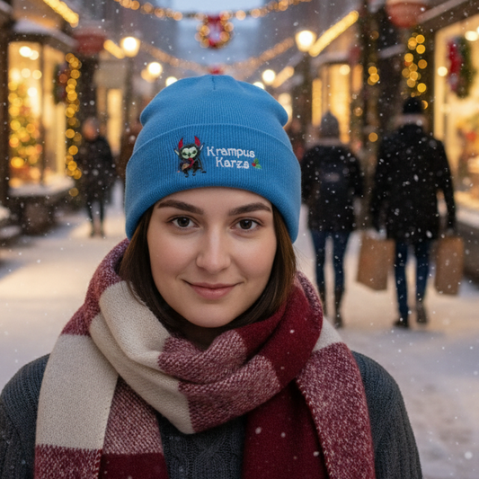 Person wearing a blue beanie with a Krampus design, outdoors.