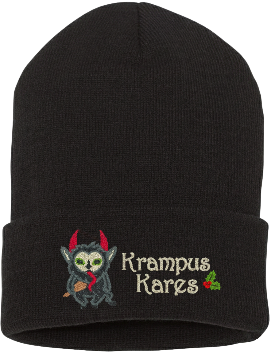 Black beanie with embroidered Krampus Kares design on a white background