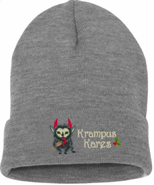 Gray beanie with embroidered Krampus design and text on a white background