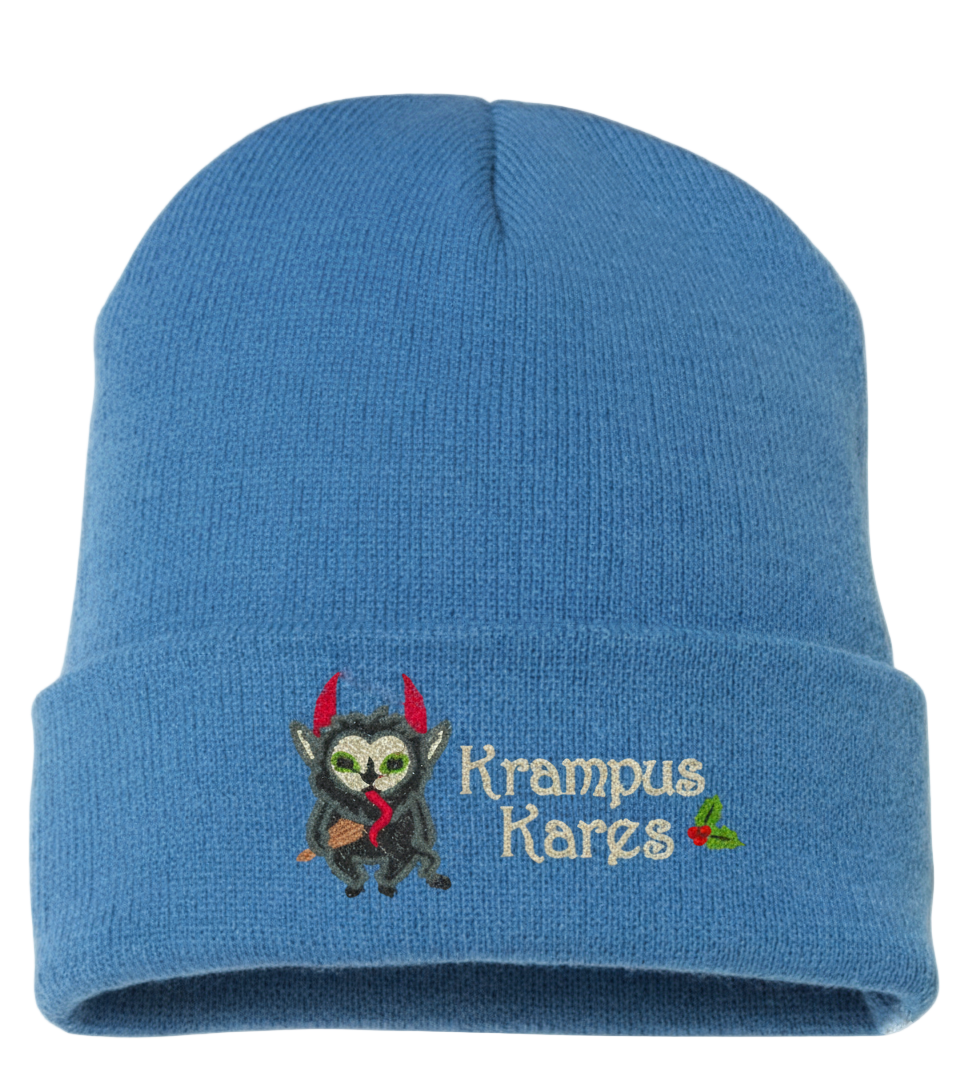 Blue beanie with embroidered design of Krampus.