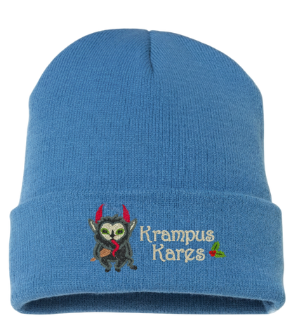 Blue beanie with embroidered design of Krampus.