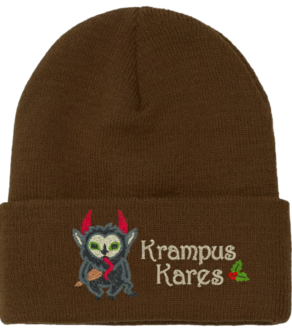 Brown beanie with embroidered Krampus Kares design on a white background