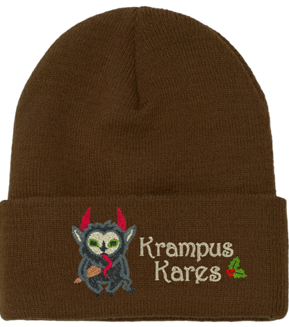 Brown beanie with embroidered Krampus Kares design on a white background