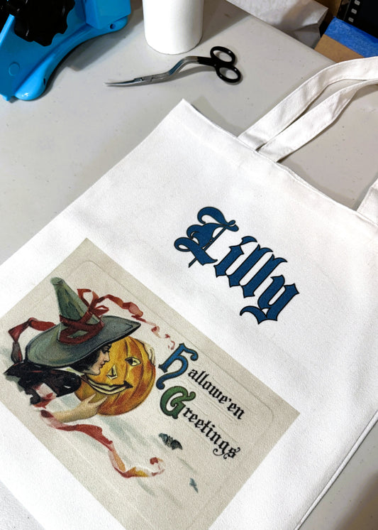 Vintage Halloween Postcard Canvas Tote — 14×16