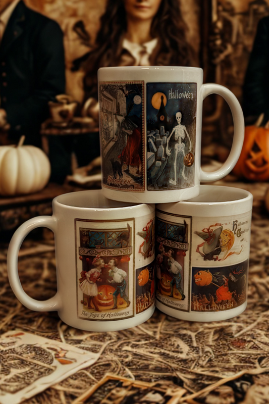 Vintage Halloween Postcard Collage Mug – 11oz Ceramic Coffee Cup with 1900s Spooky Art