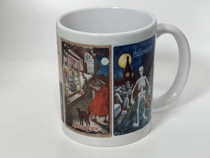 Vintage Halloween Postcard Collage Mug – 11oz Ceramic Coffee Cup with 1900s Spooky Art