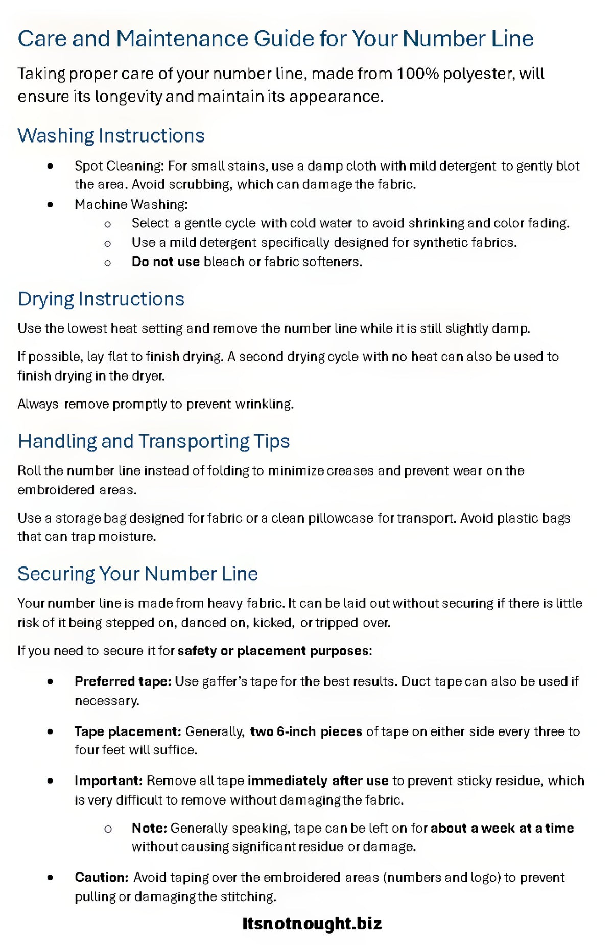 Care and maintenance guide for the embroidered number line: washing, drying, storage, and taping instructions
