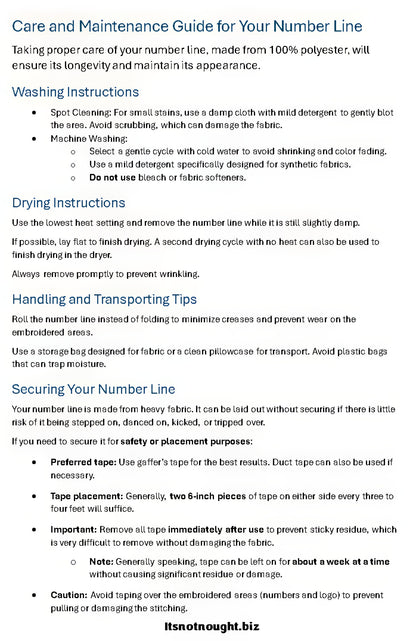 Care and maintenance guide for the embroidered number line: washing, drying, storage, and taping instructions