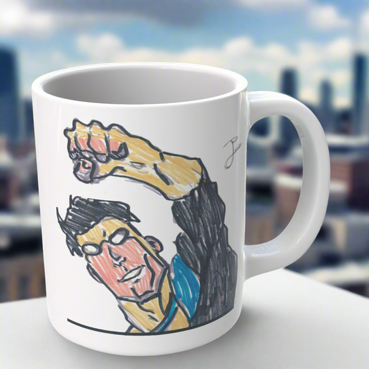 “The Invincible Mark’r”– Artsy Fartsy Mug, 11oz White Ceramic Coffee Cup, Artwork by Jude, Age 16