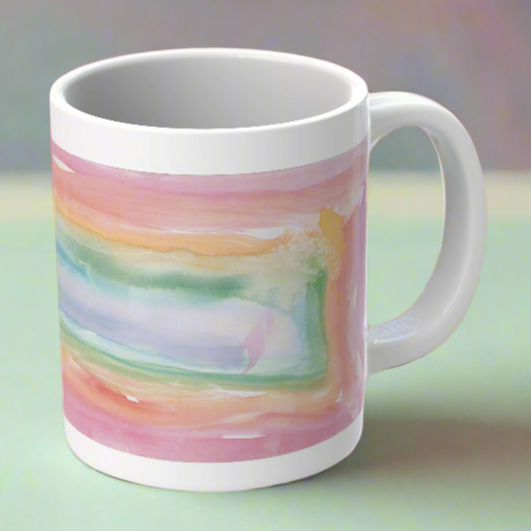 “Pastel Rainbow”– Artsy Fartsy Mug, 11oz White Ceramic Coffee Cup, Artwork by Peyton, Age 7