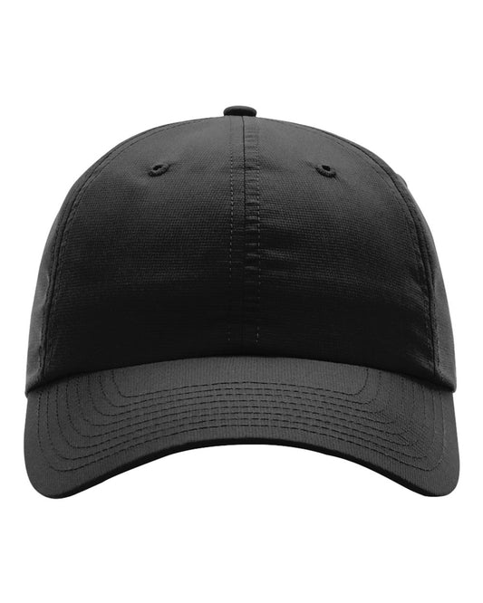 Black low profile performance cap, front view, blank crown ready for custom logo embroidery