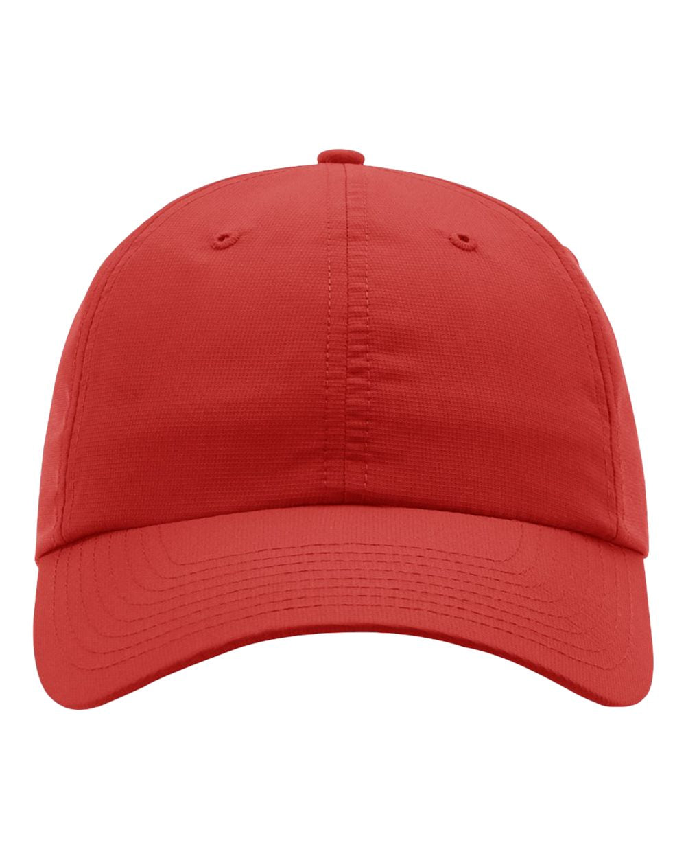 Red cap with a pre-curved bill and low profile six-panel crown
