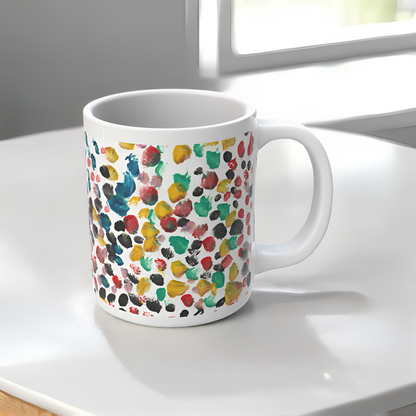 “Thoughtful Dots”– Artsy Fartsy Mug, 11oz White Ceramic Coffee Cup, Artwork by Peyton, Age 7