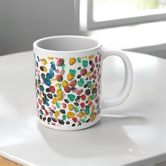 “Thoughtful Dots”– Artsy Fartsy Mug, 11oz White Ceramic Coffee Cup, Artwork by Peyton, Age 7