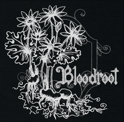 Bloodroot embroidery design, shown as it stitches: light thread on black