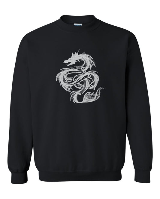 Black Bramble & Bone crewneck sweatshirt with white Dark Creatures Sea Serpent lace embroidery on the chest