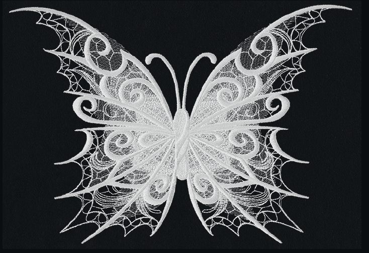 Dark Creatures Butterfly embroidery design, shown as it stitches: light thread on black