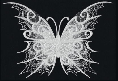 Dark Creatures Butterfly embroidery design, shown as it stitches: light thread on black