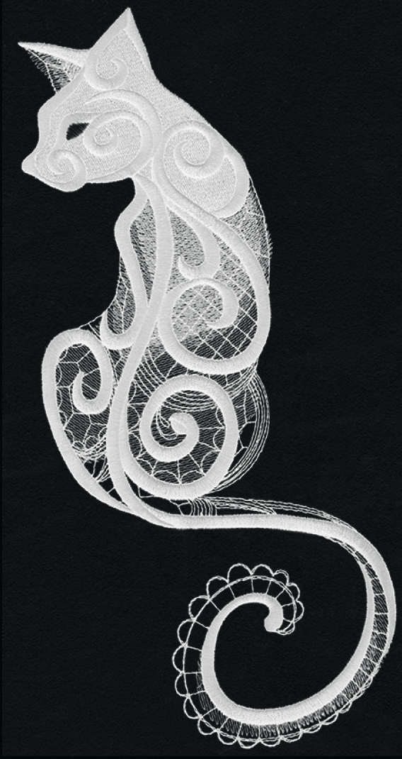 Dark Creatures Cat embroidery design, shown as it stitches: light thread on black