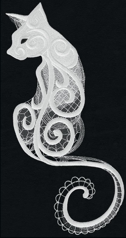 Dark Creatures Cat embroidery design, shown as it stitches: light thread on black