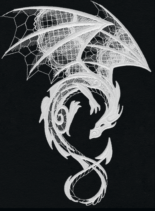 Dark Creatures Dragon embroidery design, shown as it stitches: light thread on black