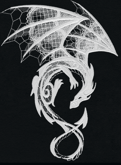 Dark Creatures Dragon embroidery design, shown as it stitches: light thread on black