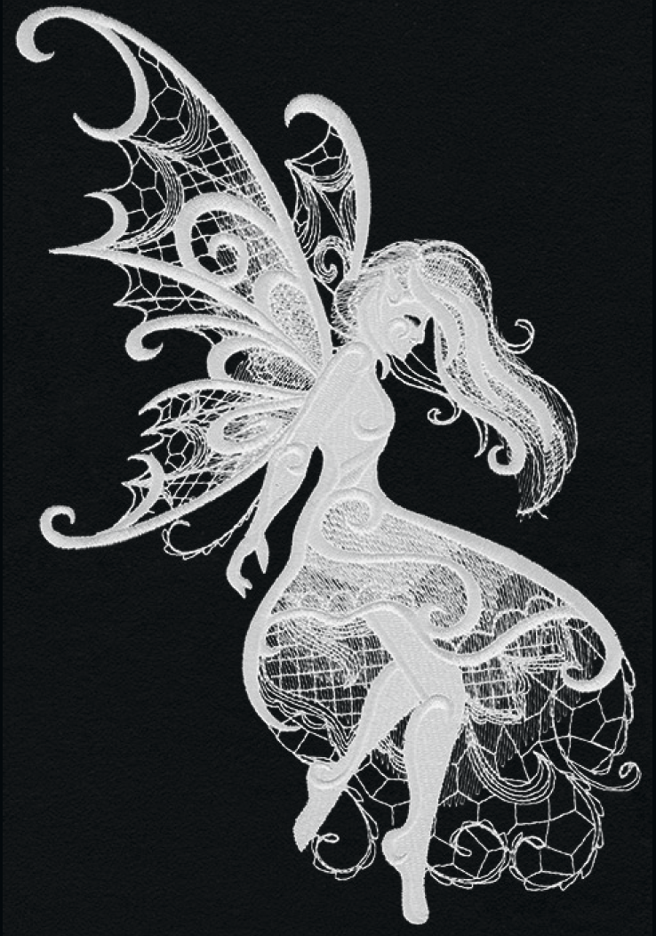 Dark Creatures Fairy embroidery design, shown as it stitches: light thread on black
