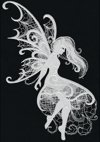Dark Creatures Fairy embroidery design, shown as it stitches: light thread on black